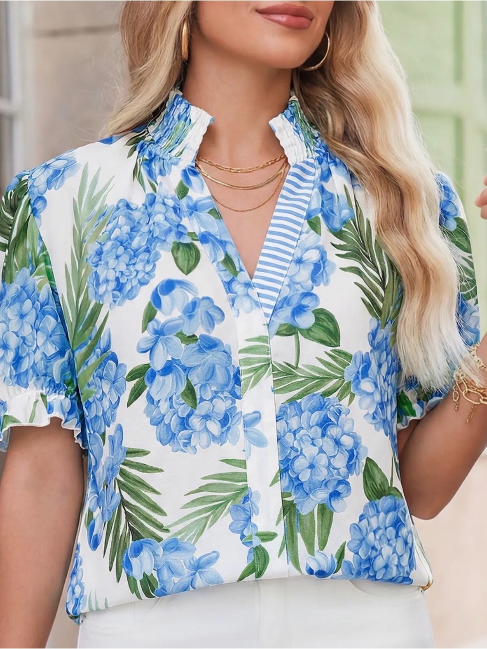 Boutique Hydrangea and Palm Leaf Spring Floral Stand Collar Blouse